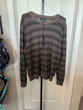 Marc Anthony Men's Brown and Gray Striped Crewneck Sweater